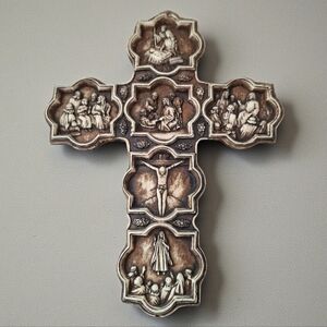 Vintage Religious Wall Cross with Biblical Scenes in Relief Catholic Decor